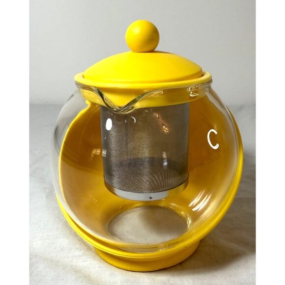 Yellow Glass Teapot With Stainless Steel Infuser & Lid 20 Oz  Modern Round Desig - Picture 2 of 6